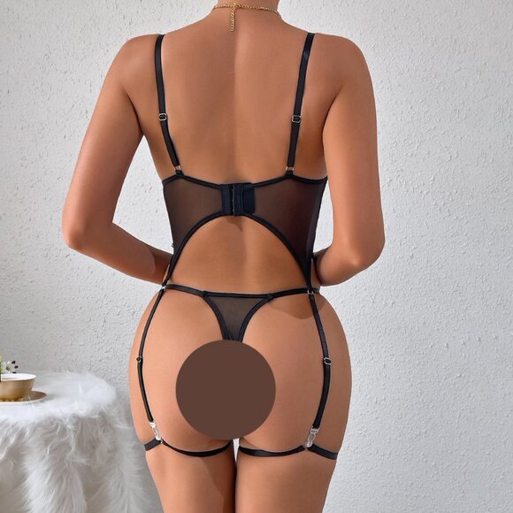 Embroidery Floral Longline Bra Set Women Lingerie Set Black Mesh Underwear - Picture 7 of 12